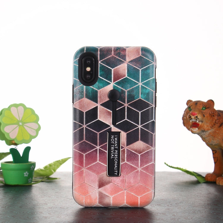 For iPhone XS Max Seamless Rhombus Pattern Embossed Painted TPU + PC Case with Holder