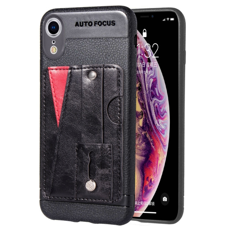 For iPhone XS Max Litchi Texture Full Coverage Shockproof TPU Case with Card Slots & Holder