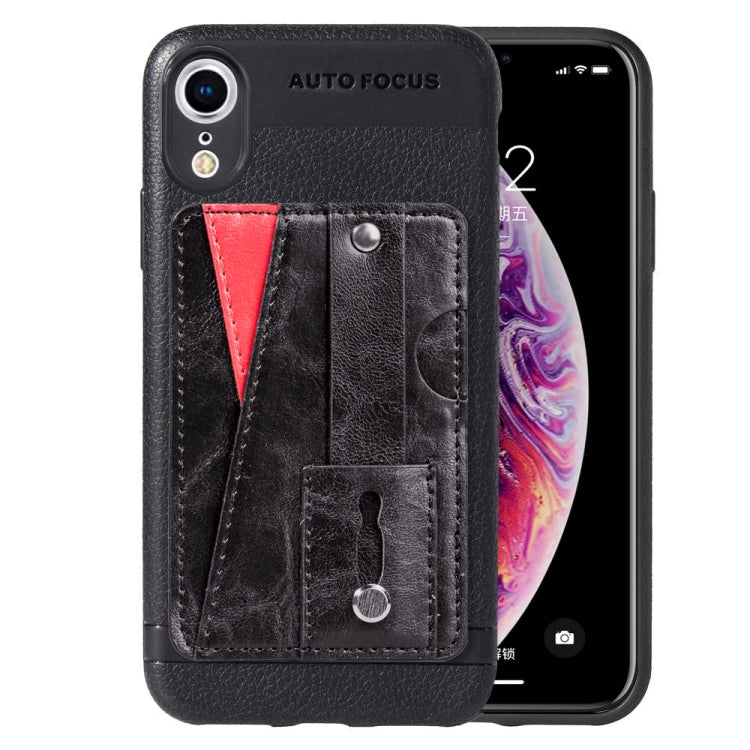 For iPhone XS Max Litchi Texture Full Coverage Shockproof TPU Case with Card Slots & Holder