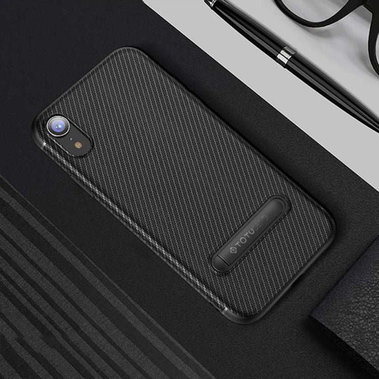For iPhone XR TOTUDESIGN Slim Series Carbon Fiber Texture TPU Protective Case with Holder(Black)
