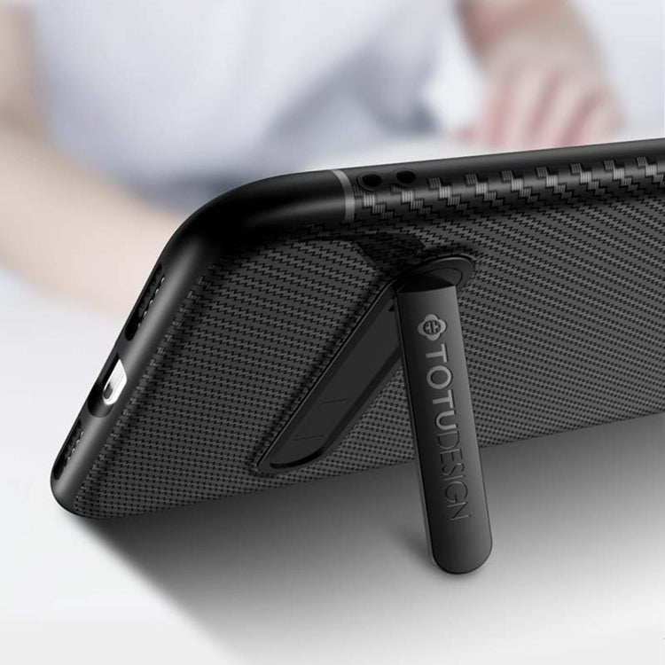 For iPhone XR TOTUDESIGN Slim Series Carbon Fiber Texture TPU Protective Case with Holder(Black)