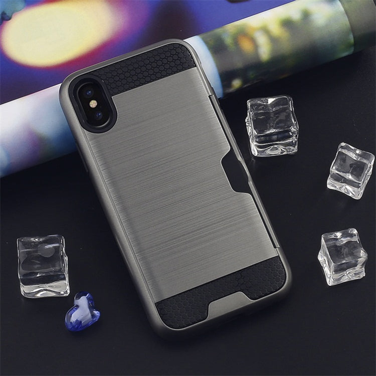 For iPhone XR Brushed Texture Shockproof TPU + PC Case  with Card Slots