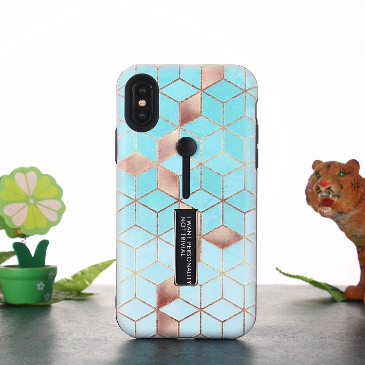 For iPhone XR Seamless Rhombus Pattern Embossed Painted TPU + PC Case with Holder