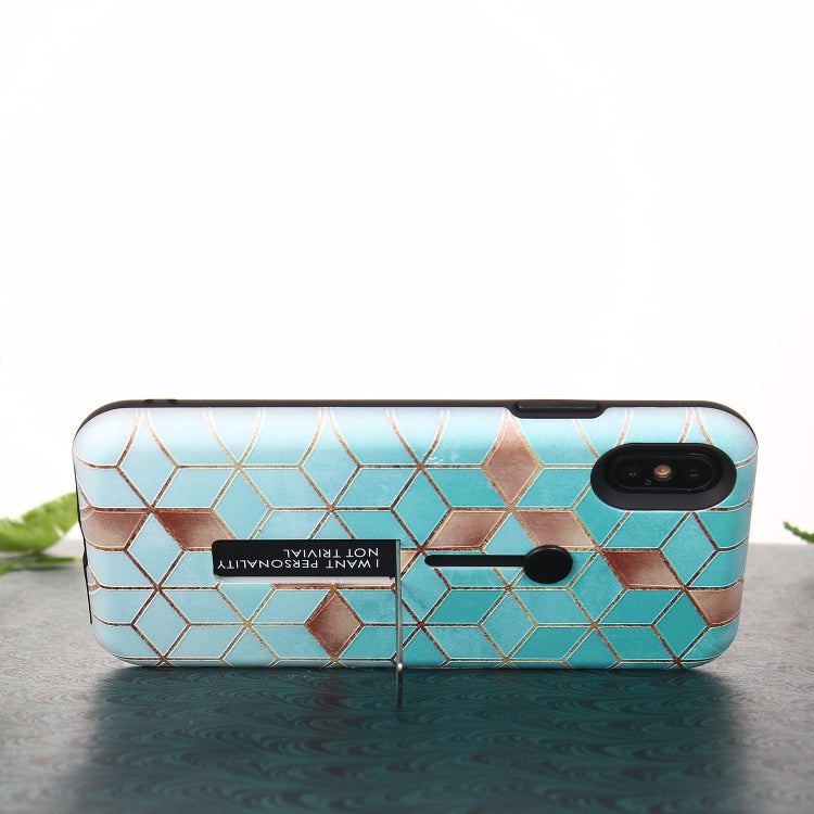 For iPhone XR Seamless Rhombus Pattern Embossed Painted TPU + PC Case with Holder