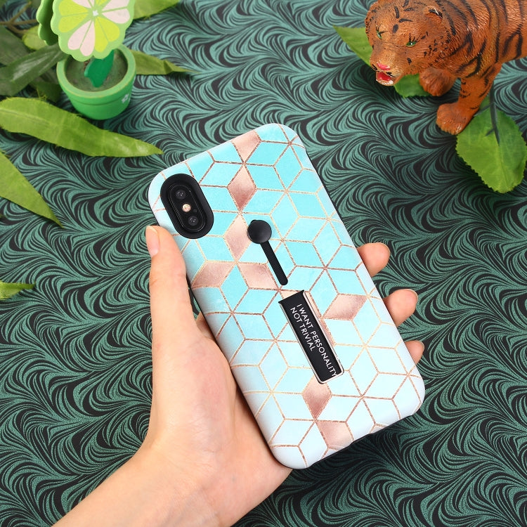 For iPhone XR Seamless Rhombus Pattern Embossed Painted TPU + PC Case with Holder