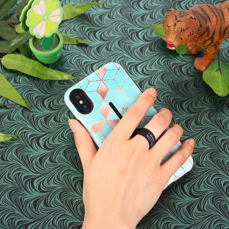 For iPhone XR Seamless Rhombus Pattern Embossed Painted TPU + PC Case with Holder