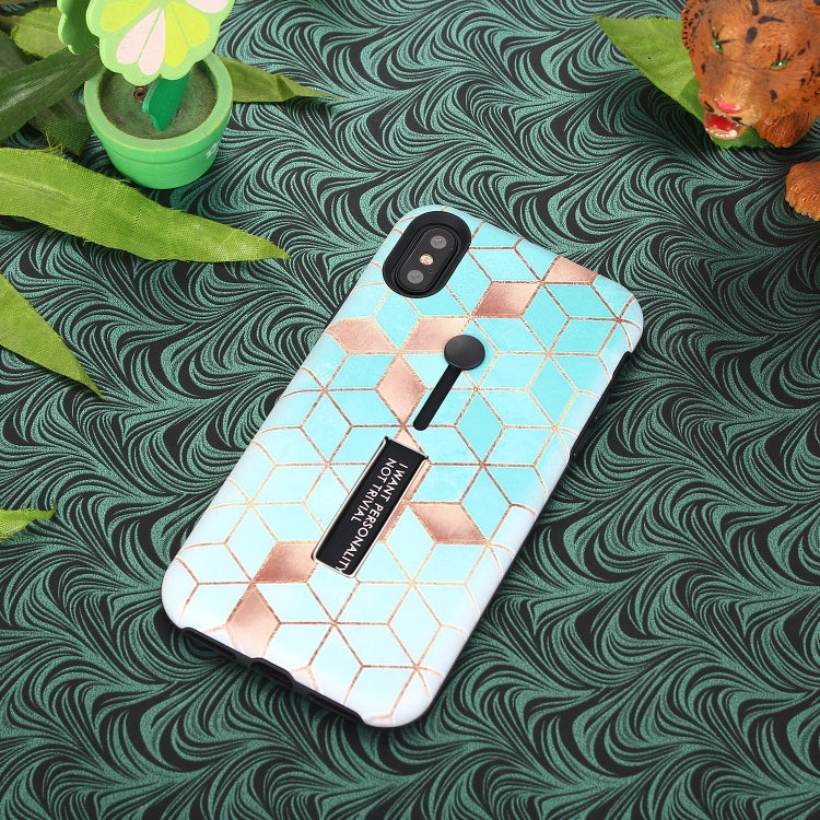 For iPhone XR Seamless Rhombus Pattern Embossed Painted TPU + PC Case with Holder