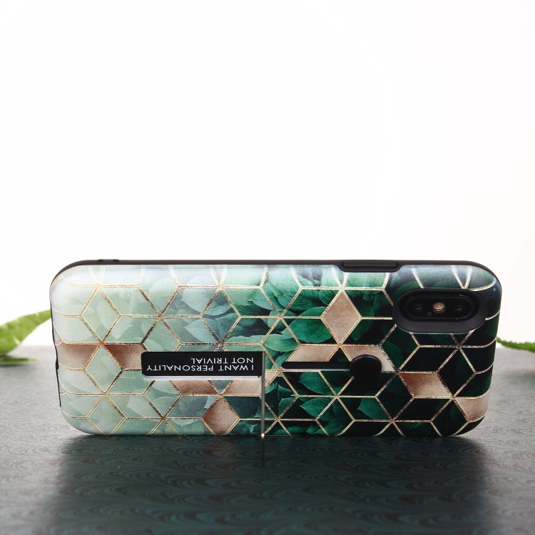 For iPhone XR Seamless Rhombus Pattern Embossed Painted TPU + PC Case with Holder