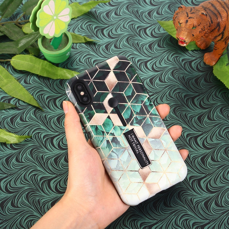 For iPhone XR Seamless Rhombus Pattern Embossed Painted TPU + PC Case with Holder