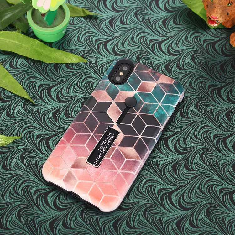 For iPhone XR Seamless Rhombus Pattern Embossed Painted TPU + PC Case with Holder