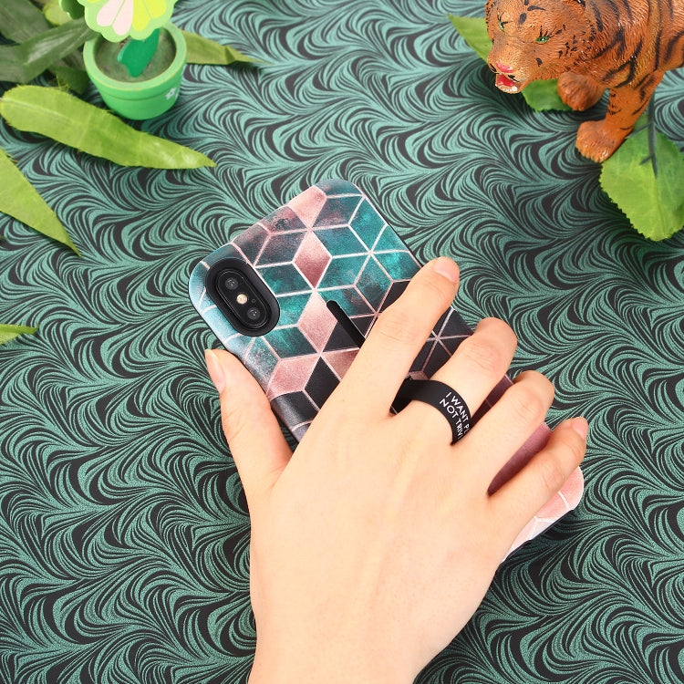 For iPhone XR Seamless Rhombus Pattern Embossed Painted TPU + PC Case with Holder