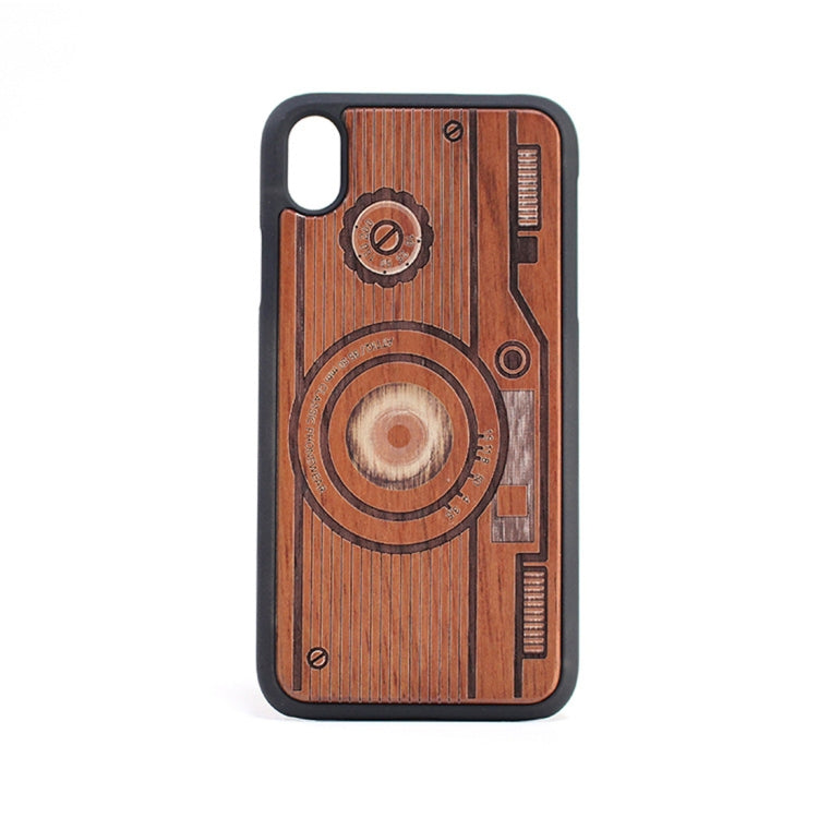 For iPhone XR Camera Pattern Shockproof PC + Wood Protective Case