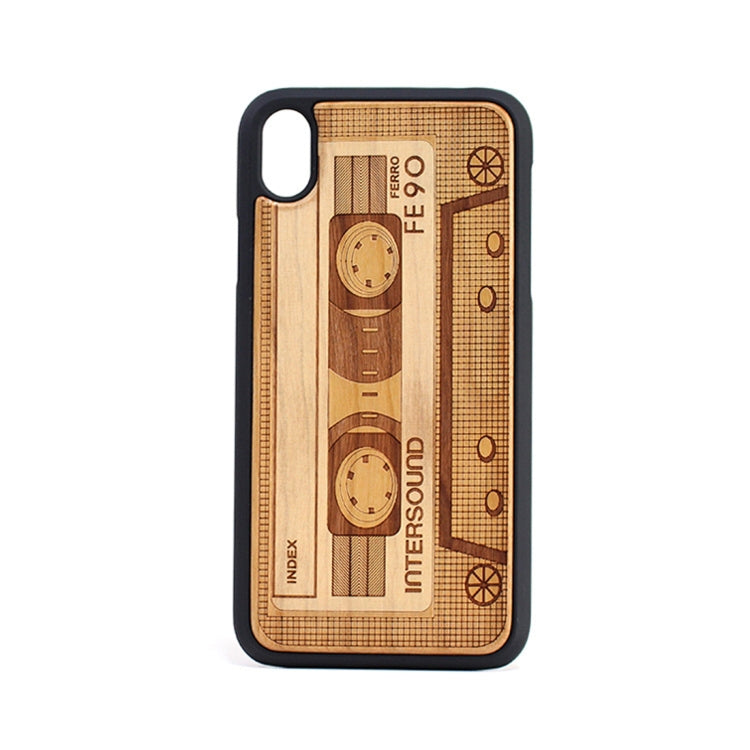 For iPhone XR Audio Cassette Pattern Shockproof PC + Wood Protective Case