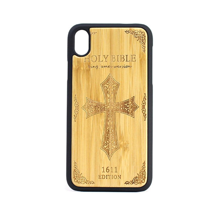 For iPhone XR Cross Pattern Shockproof PC + Wood Protective Case