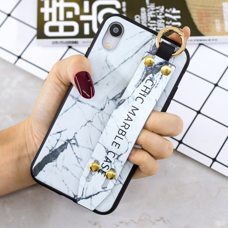 For iPhone XR Marble Pattern Shockproof TPU Case with Wristband & Holder (White)