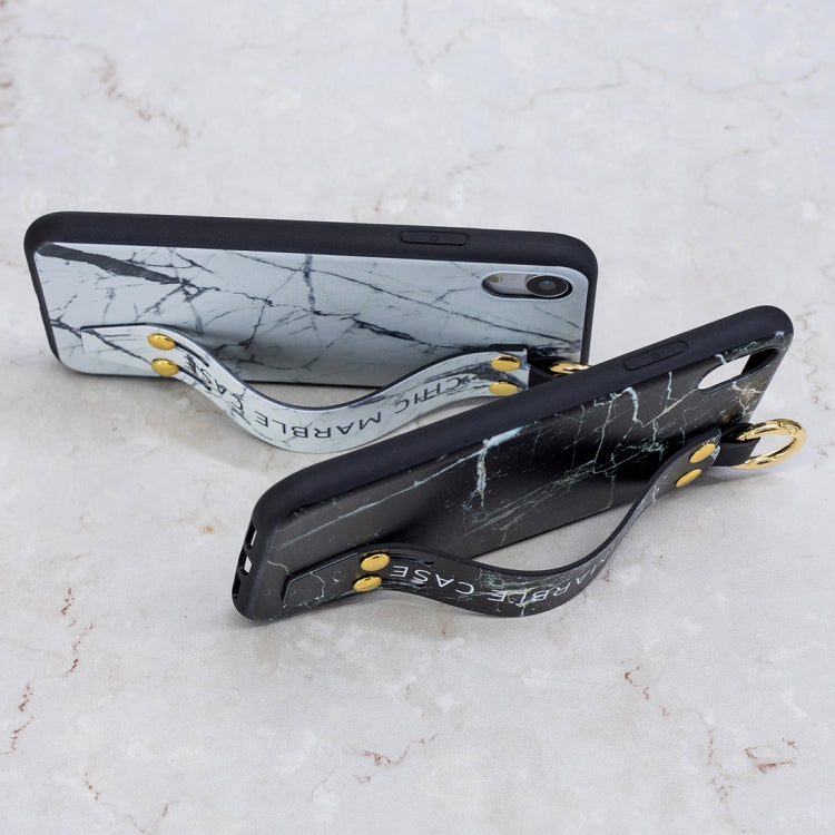 For iPhone XR Marble Pattern Shockproof TPU Case with Wristband & Holder (White)