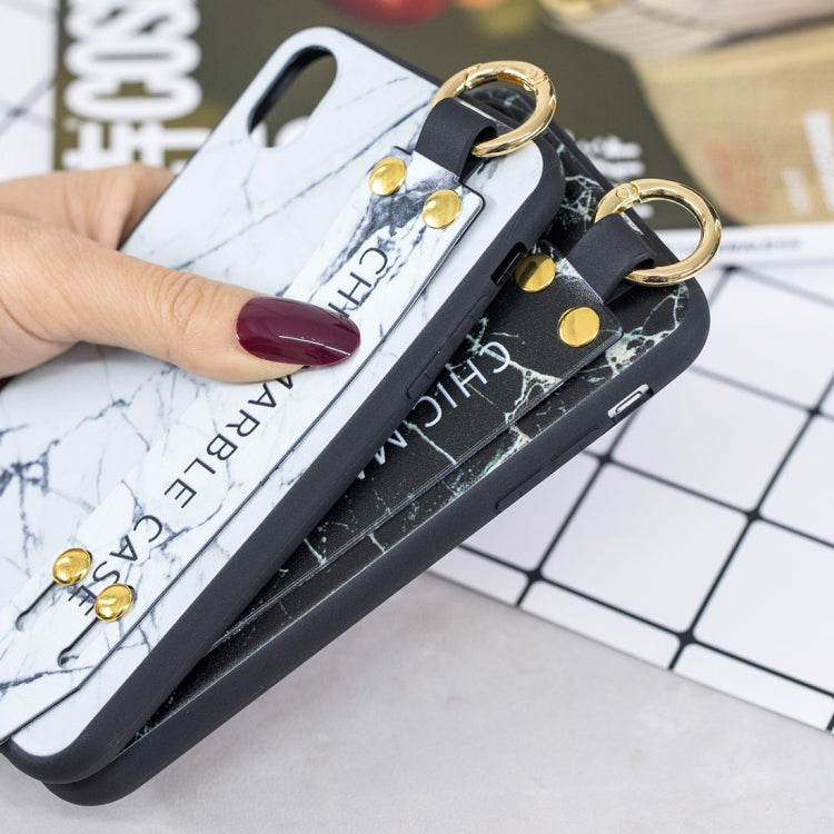 For iPhone XR Marble Pattern Shockproof TPU Case with Wristband & Holder (White)