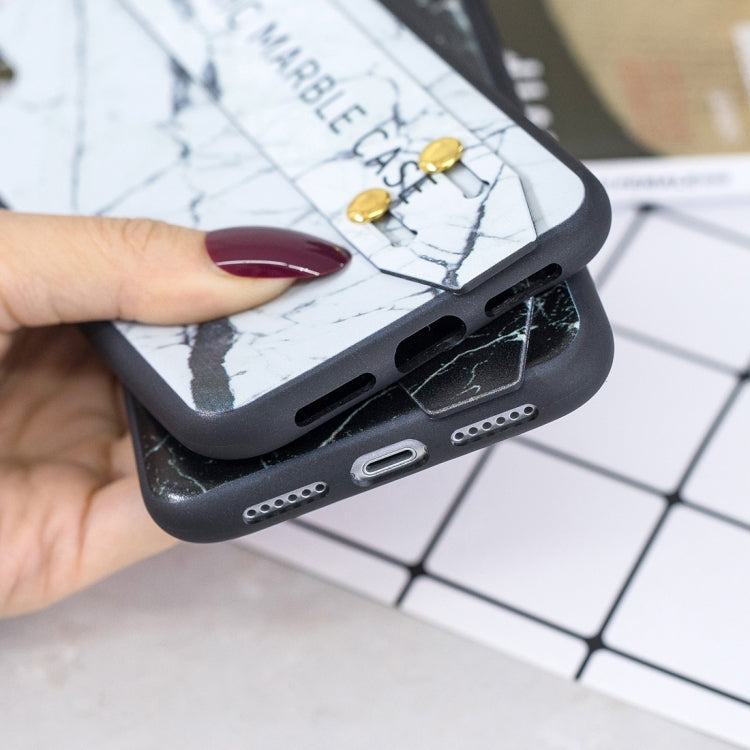 For iPhone XR Marble Pattern Shockproof TPU Case with Wristband & Holder (White)