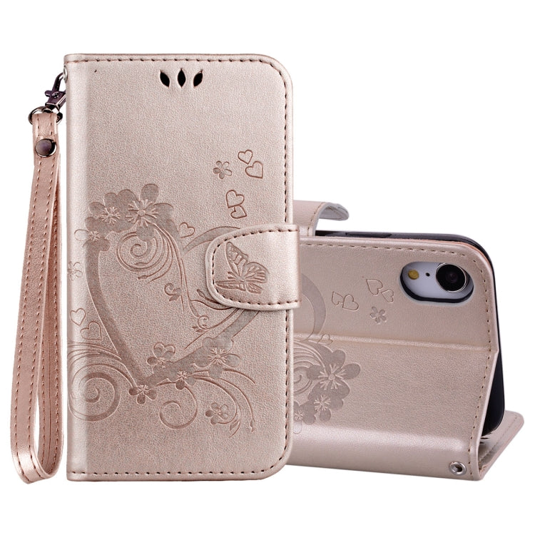 For iPhone XR Embossed Heart Butterfly Pattern Horizontal Flip Leather Case with Card Slot & Holder & Wallet & Lanyard