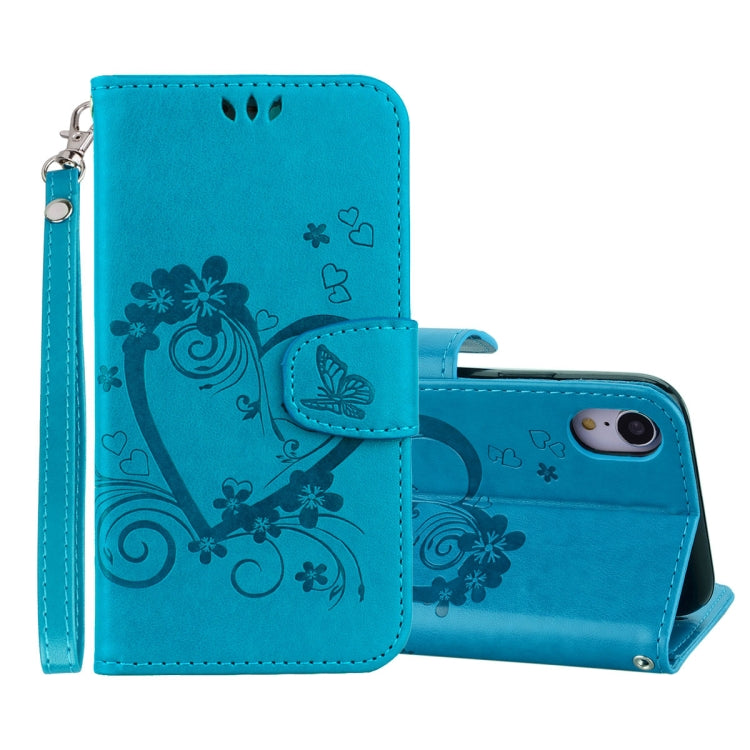 For iPhone XR Embossed Heart Butterfly Pattern Horizontal Flip Leather Case with Card Slot & Holder & Wallet & Lanyard