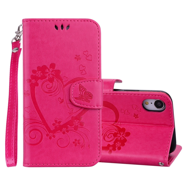 For iPhone XR Embossed Heart Butterfly Pattern Horizontal Flip Leather Case with Card Slot & Holder & Wallet & Lanyard