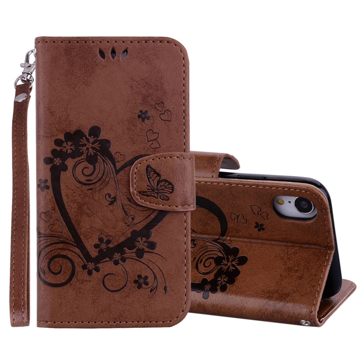 For iPhone XR Embossed Heart Butterfly Pattern Horizontal Flip Leather Case with Card Slot & Holder & Wallet & Lanyard