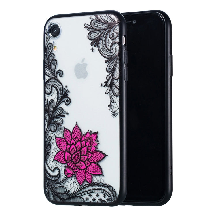 For iPhone XR Small Lotus Pattern Embossed Lace + PC Case