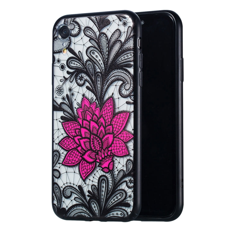 For iPhone XR Big Lotus Pattern Embossed Lace + PC Case
