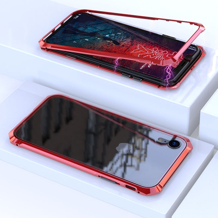 For iPhone XR Ultra Slim Magnetic Adsorption Angular Frame Tempered Glass Magnet Flip Case (Red)