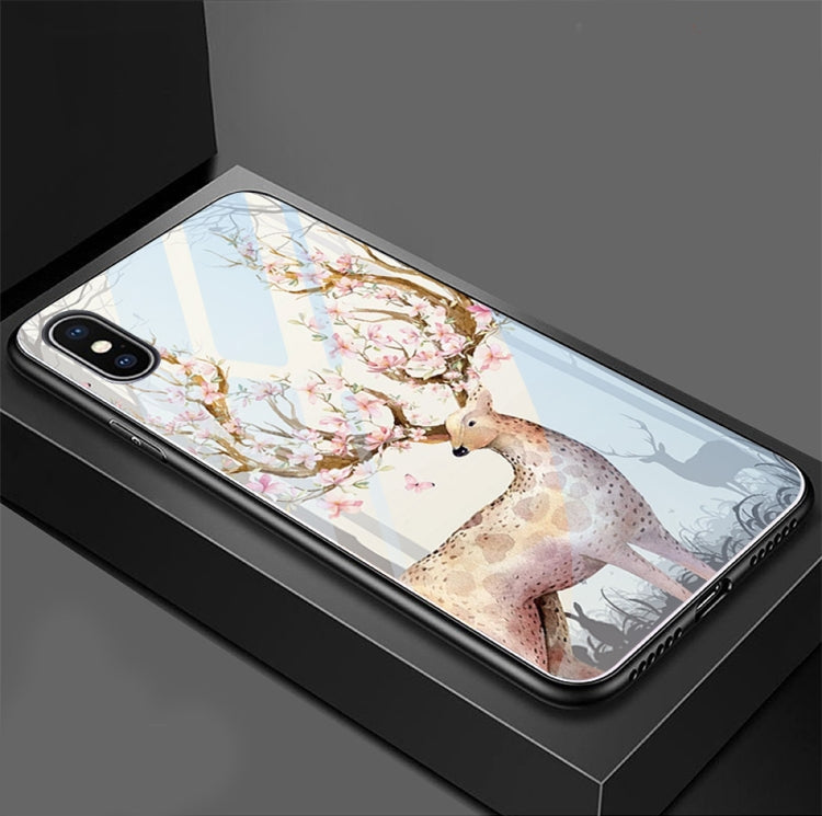 For iPhone XR Flower Elk Pattern Glass Case