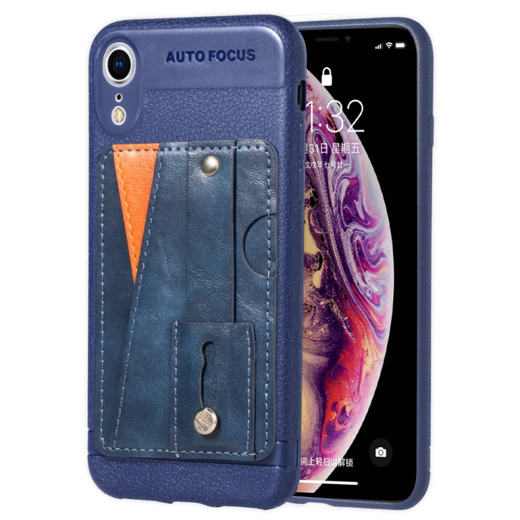 For iPhone XR Litchi Texture Full Coverage Shockproof TPU Case with Card Slots & Holder