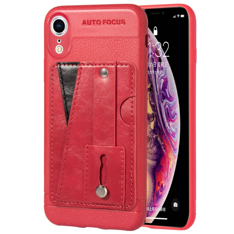 For iPhone XR Litchi Texture Full Coverage Shockproof TPU Case with Card Slots & Holder
