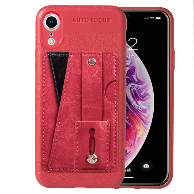 For iPhone XR Litchi Texture Full Coverage Shockproof TPU Case with Card Slots & Holder