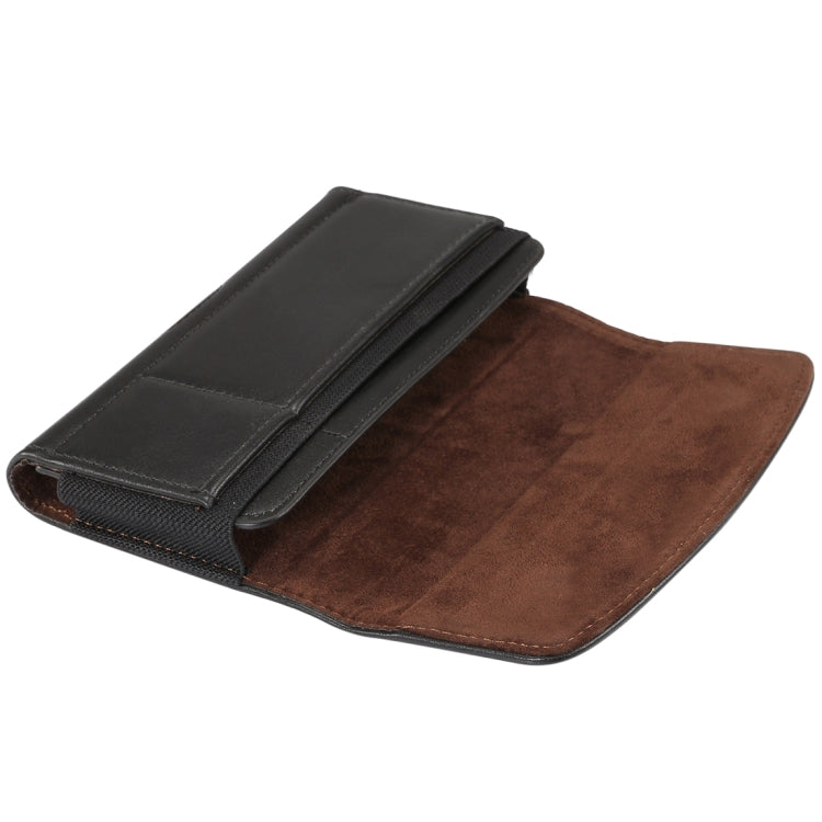 For iPhone XR Lambskin Elastic Band Men 5.5 Inch Mobile Phone Universal Hanging Waist Leather Case with Card Slot, / Huawei P20 Pro and Other 5.5 Inch Mobile Phones(Black)
