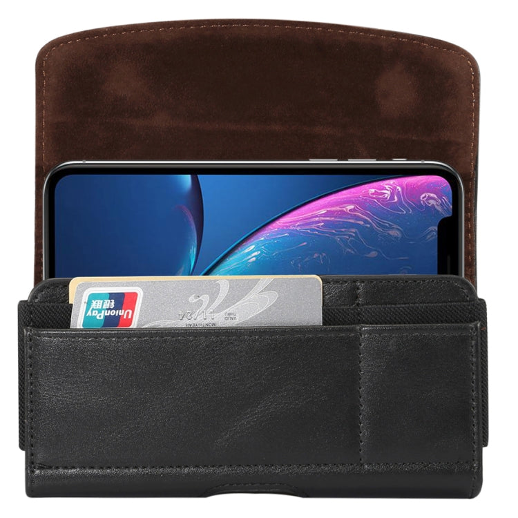 For iPhone XR Lambskin Elastic Band Men 5.5 Inch Mobile Phone Universal Hanging Waist Leather Case with Card Slot, / Huawei P20 Pro and Other 5.5 Inch Mobile Phones(Black)