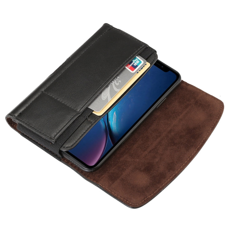 For iPhone XR Lambskin Elastic Band Men 5.5 Inch Mobile Phone Universal Hanging Waist Leather Case with Card Slot, / Huawei P20 Pro and Other 5.5 Inch Mobile Phones(Black)