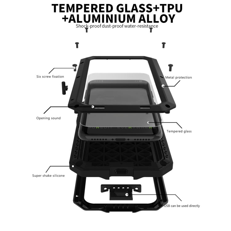 For iPhone XR Waterproof Dustproof Shockproof Aluminum Alloy + Tempered Glass + Silicone Case