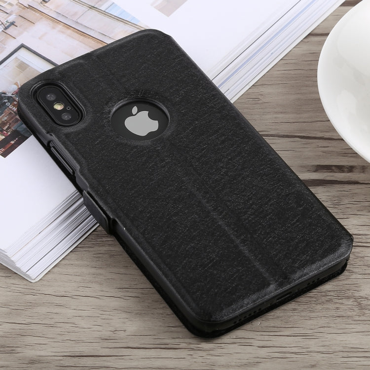 For iPhone X / XS Silk Texture Horizontal Flip Leather Case with Holder & Call Display ID