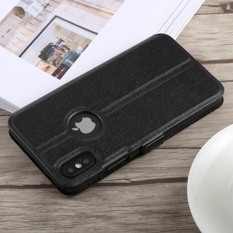 For iPhone X / XS Silk Texture Horizontal Flip Leather Case with Holder & Call Display ID