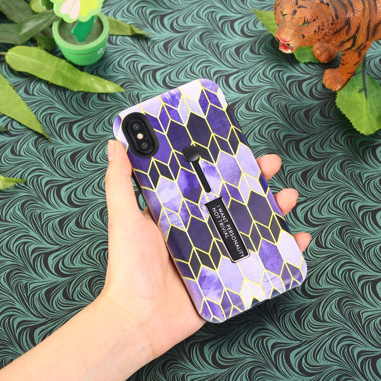 For iPhone XS Seamless Rhombus Pattern Embossed Painted TPU + PC Case with Holder