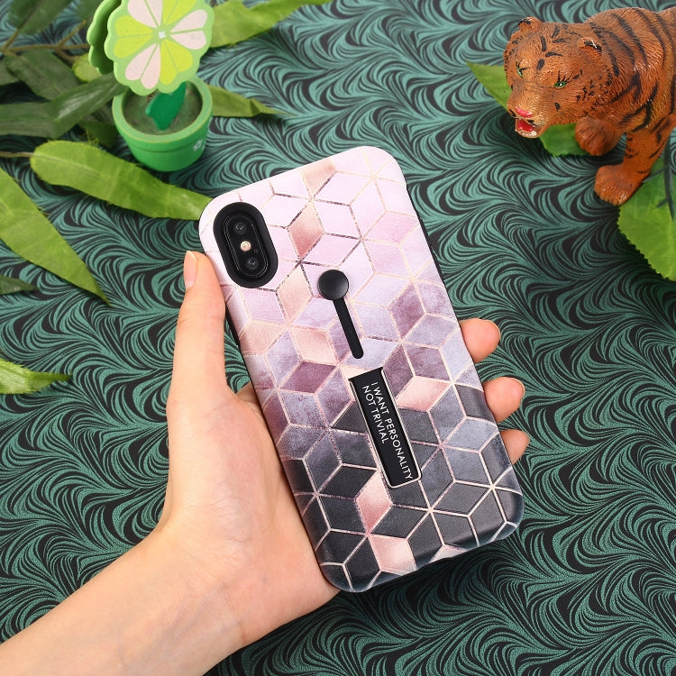 For iPhone XS Seamless Rhombus Pattern Embossed Painted TPU + PC Case with Holder