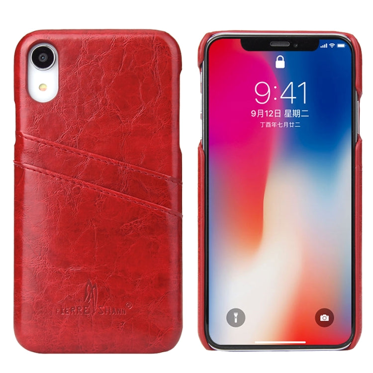 For iPhone XR Fierre Shann Retro Oil Wax Texture PU Leather Case with Card Slots