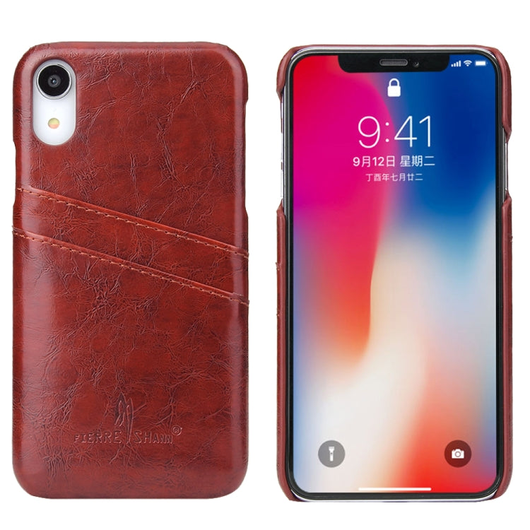 For iPhone XR Fierre Shann Retro Oil Wax Texture PU Leather Case with Card Slots