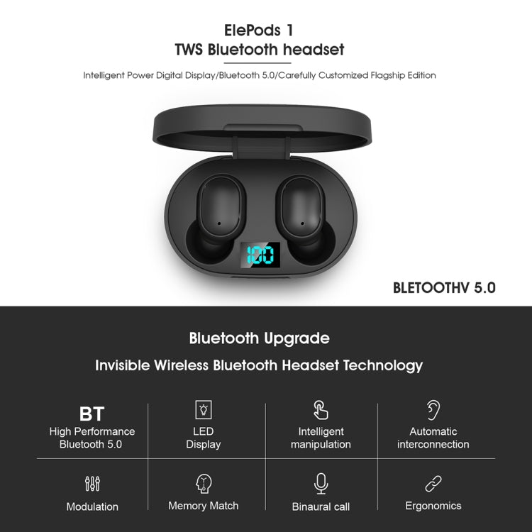 ELEPHONE ElePods 1 Bluetooth 5.0 Intelligent Digital Display Wireless Bluetooth Earphone with Charging Box (Black)