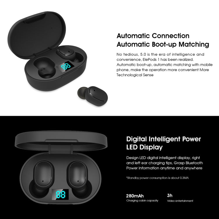 ELEPHONE ElePods 1 Bluetooth 5.0 Intelligent Digital Display Wireless Bluetooth Earphone with Charging Box (Black)