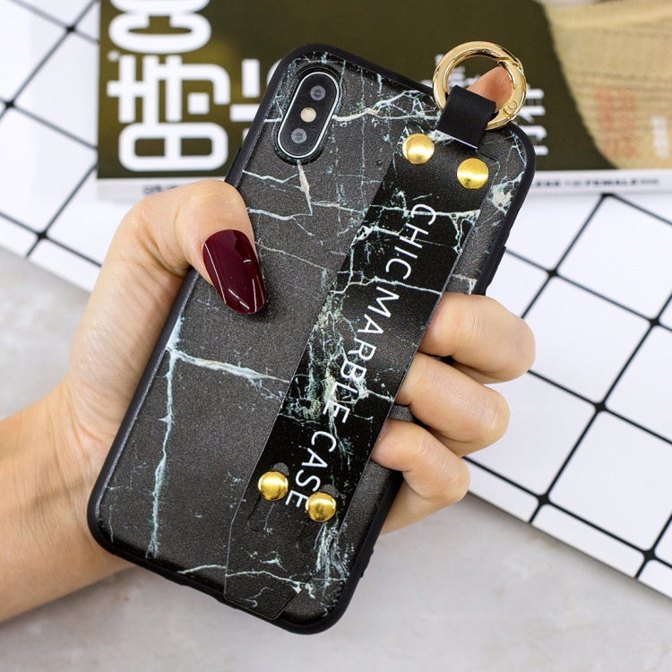 For iPhone X / XS Marble Pattern Shockproof TPU Case with Wristband & Holder (Black)