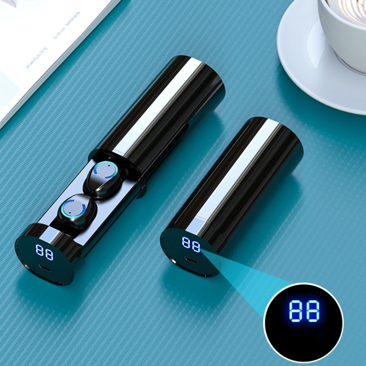 F9-6 TWS CVC8.0 Noise Cancelling Touch Bluetooth Earphone with Pull-out Cylindrical Charging Box, Support LED Power Digital Display & Call & Siri(Black)