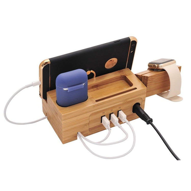Multi-function Bamboo Charging Station Charger Stand Management Base with 3 USB Ports, For Apple Watch, AirPods, iPhone, US Plug