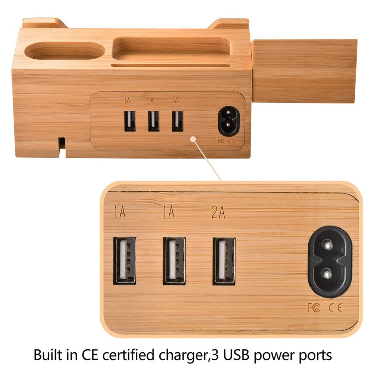 Multi-function Bamboo Charging Station Charger Stand Management Base with 3 USB Ports, For Apple Watch, AirPods, iPhone, US Plug