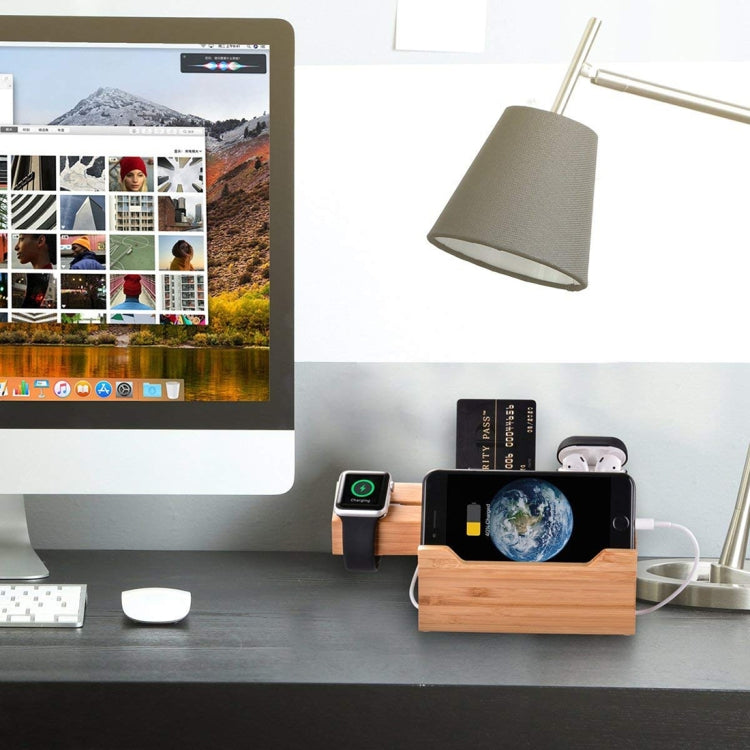 Multi-function Bamboo Charging Station Charger Stand Management Base with 3 USB Ports, For Apple Watch, AirPods, iPhone, US Plug